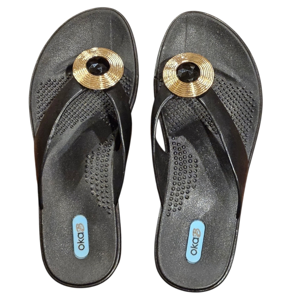 NWOT OkaB Flip Flop Sandals, Black W/Gold Medillion W/Black Gem - Size M